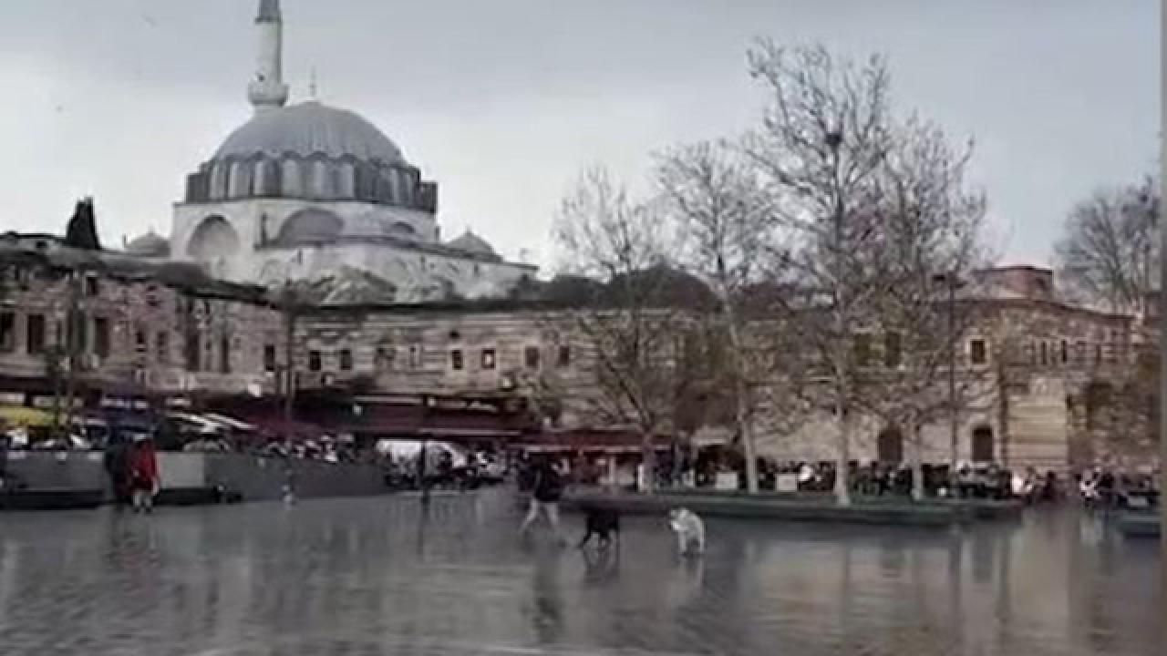 Eminönü Meydanı’nda sahipsiz köpeklerin saldırısı kamerada